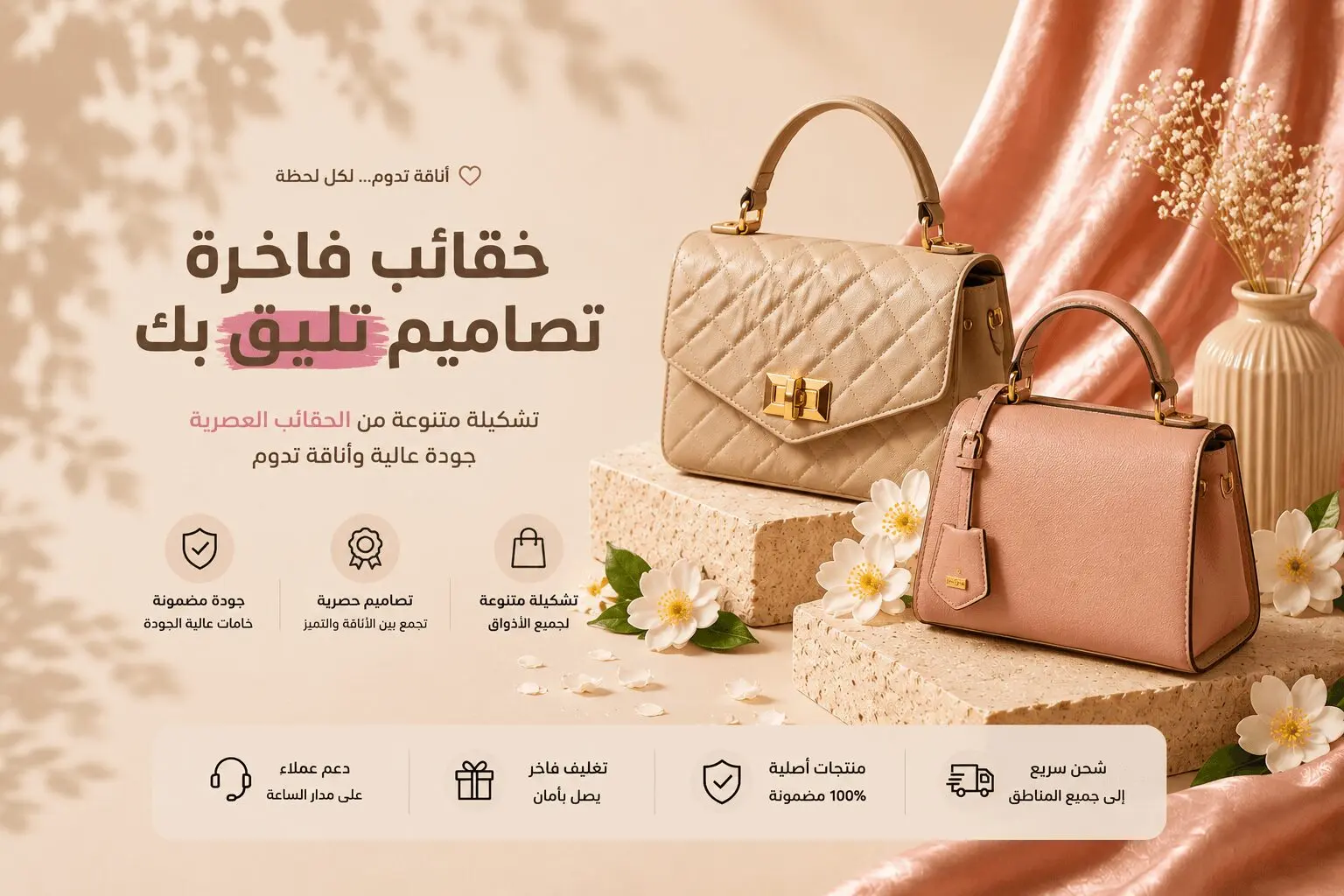 بانر توكو يعرض حقائب فاخرة بالون البيج مع زهور بيظاء وايقونات المزايا والخدمات
